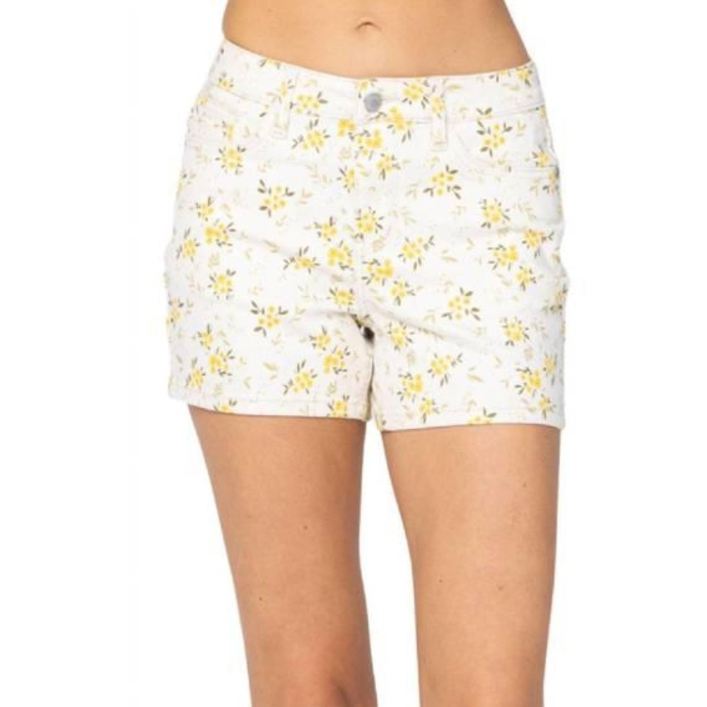 Judy Blue White Yellow Floral Stretchy Denim Shorts Mid Rise JB150090 Womens L